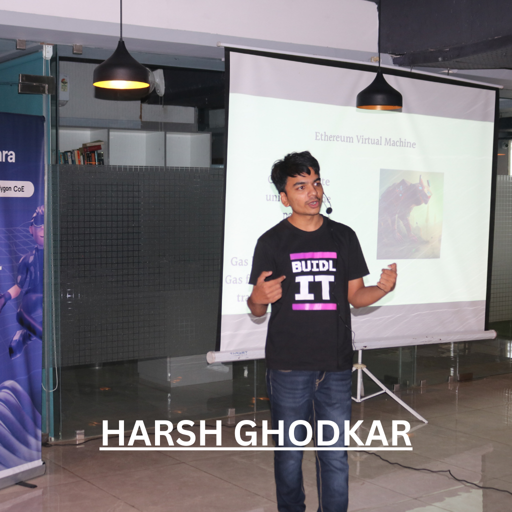 Image of Harsh Ghodkar speaking at the Scalybee Digital and Polygon Guild Vadodara event. He is demonstrating how to build a smart contract on the ZK-EVM blockchain.