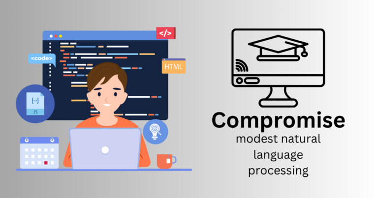 person coding with 'COMPRISE' displayed. Modest natural language processing in JavaScript enables advanced and intuitive voice interactions